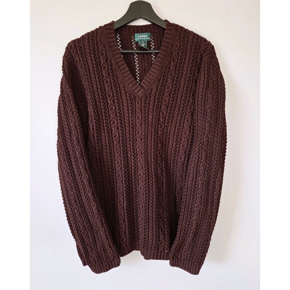Mens Lauren Ralph Lauren Chocolate Brown Cable Knit Sweater XL Old Money Preppy